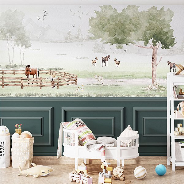 Papel de Parede Fazendinha Aquarelada com Cavalos e Animais