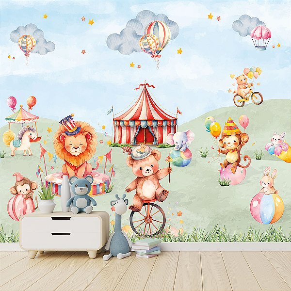 Papel de Parede Infantil Circo Mágico com Animais Fofos