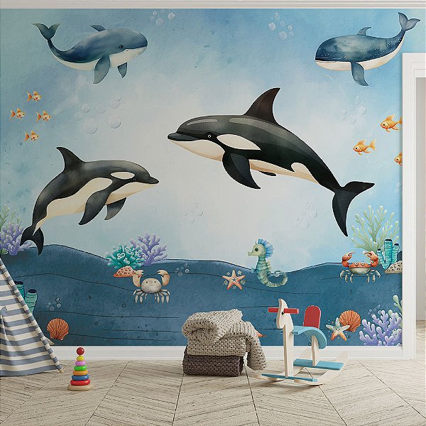 Papel de Parede Infantil Oceano Azul com Baleias e Orcas