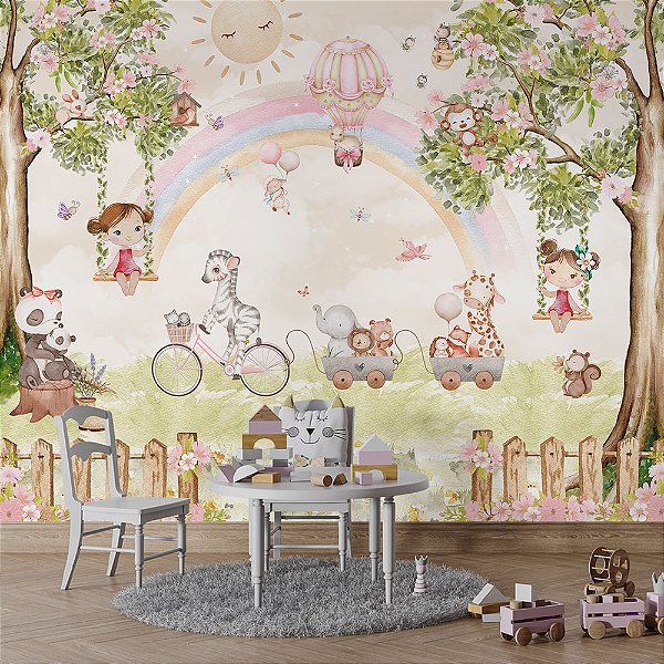 Papel de Parede Infantil Jardim com Meninas e Bichinhos Aquarela