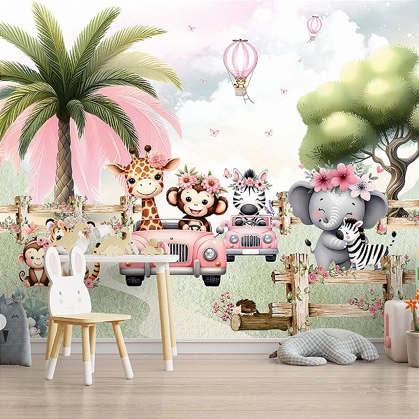 Papel de Parede Infantil Safari Baby com Bichinhos Fofos