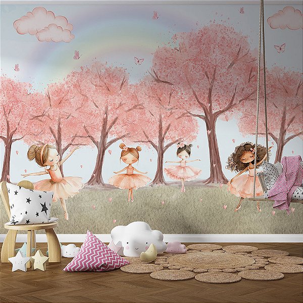 Papel de Parede Infantil Jardim das Cerejeiras com Bailarinas Amigas
