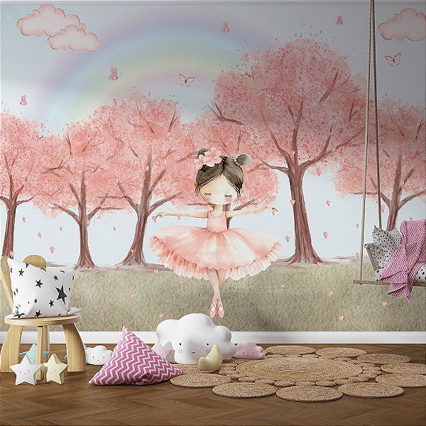 Papel de Parede Infantil Jardim das Cerejeiras com Bailarina