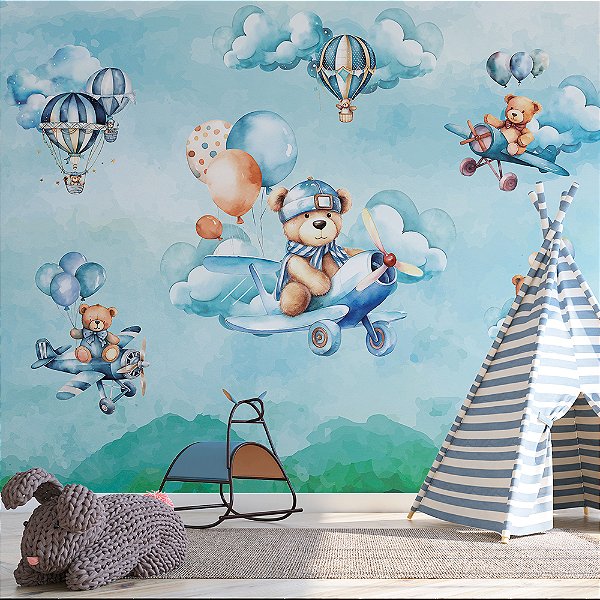 Papel de Parede Infantil Ursinhos Pilotos no Céu Azul