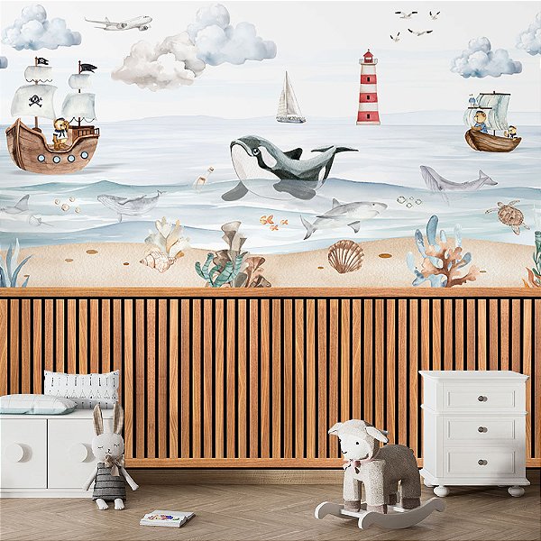 Papel de Parede Infantil Ursos Piratas e Baleias Aquarelado