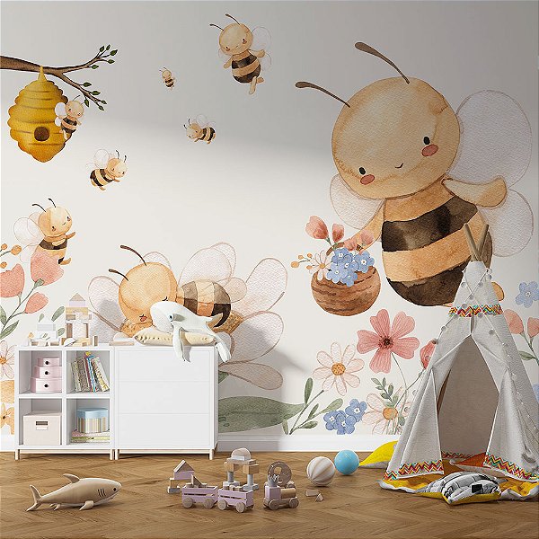 Papel de Parede Infantil Abelhas e Flores Aquarela