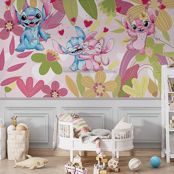 Papel de Parede Infantil Stitch e Angel no Jardim da Primavera