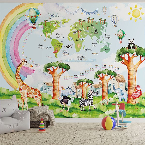 Papel de Parede Infantil Educativo Mapa Múndi com Animais e Números