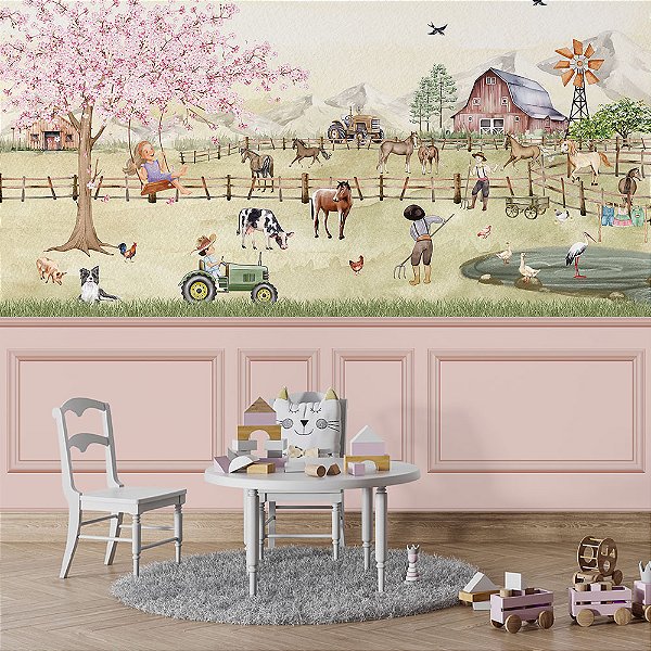 Papel de Parede Infantil Fazenda com Animais e Crianças Rústico e Delicado