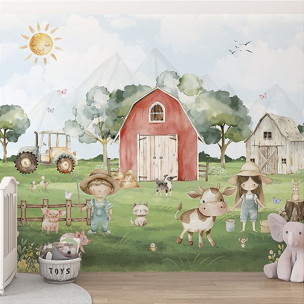 Papel de Parede Infantil Animais Fofos e Amigos na Fazendinha