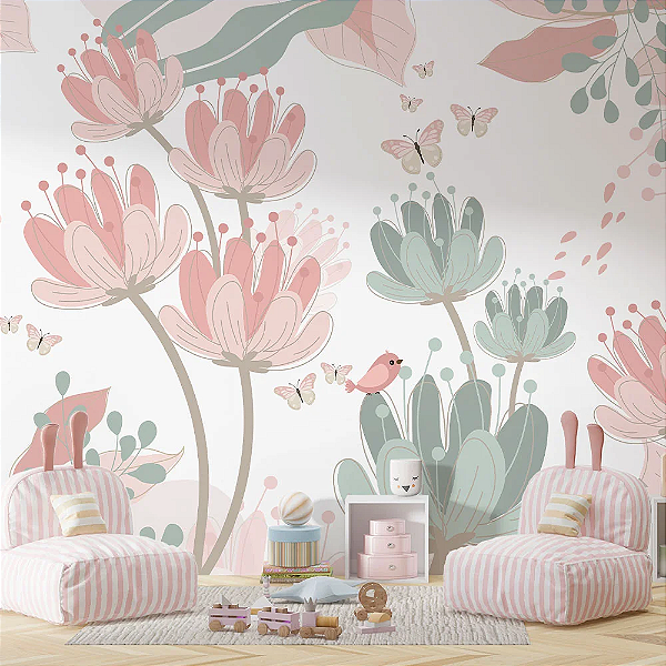 Rama de flores e borboletas em aquarela 2 - Oferta Única - 2,5m(L) x 2,55m(A)