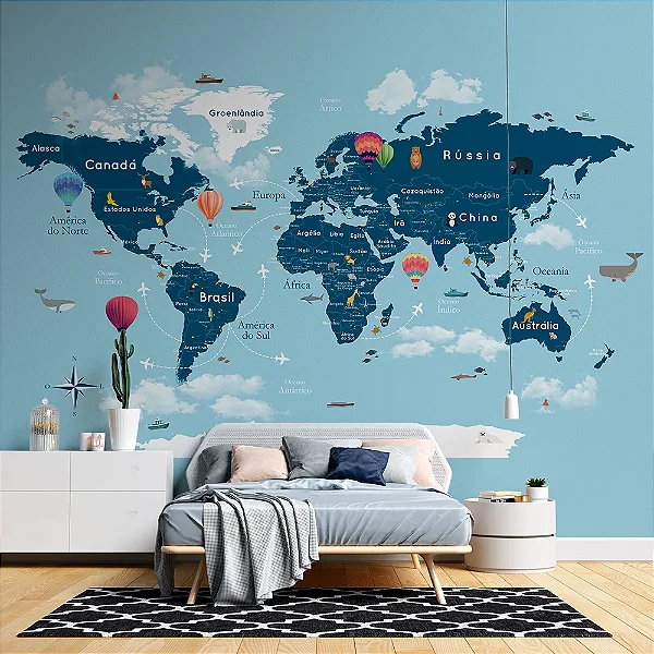 Mapa Mundi Infantil com Balões - Oferta Única - 3,5m(L) x 2,6m(A)