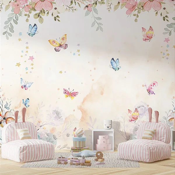 Rama de Flores e Borboletas em Aquarela - Oferta Única - 2,5m(L) x 3m(A)