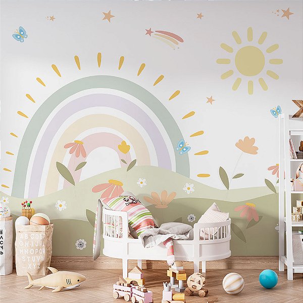 Papel de parede Infantil Arco Íris em Tons Pastéis com Flores e Sol
