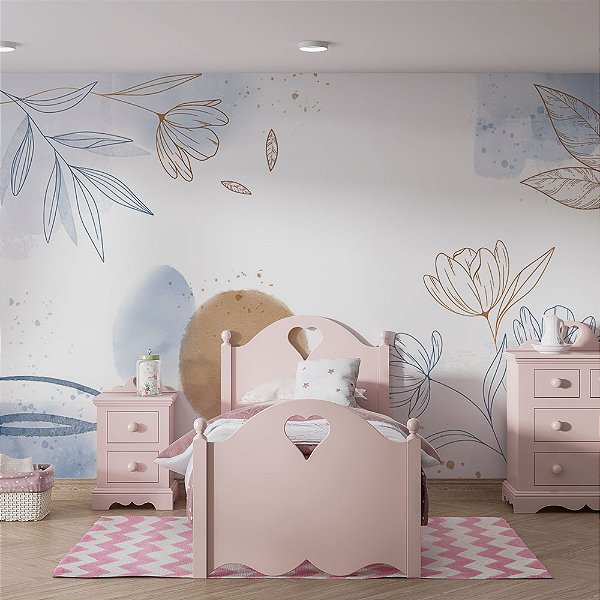 Papel de parede Aquarela Floral Dourado Marrom e Azul