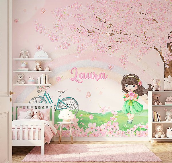 Papel de Parede Infantil Menina no Jardim Floral de Cerejeiras