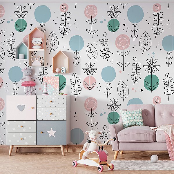 Papel de Parede Infantil Escandinavo com Flores e Folhas – Decoração Moderna e Colorida para Quarto de Criança
