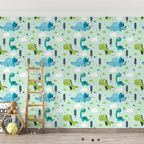 Papel de Parede infantil dinossauro Azul e verde