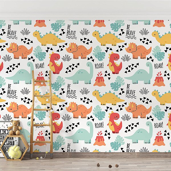 Papel de Parede Infantil Dinossauro Voando Vermelho Amarelo e Azul