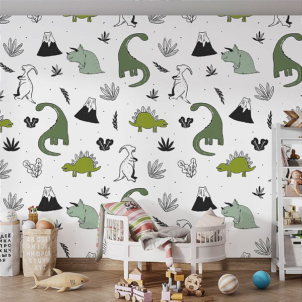 Papel de Parede Infantil Dinossauro e vulcão