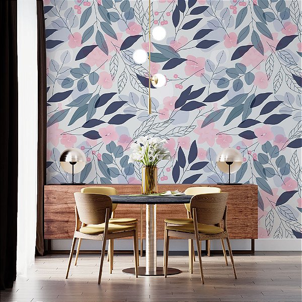 Papel de Parede Folhas Aquarelada Azul e Rosa