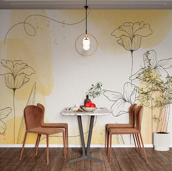 Papel de Parede Painel Fotográfico Folhas em Aquarela amarelo e preto
