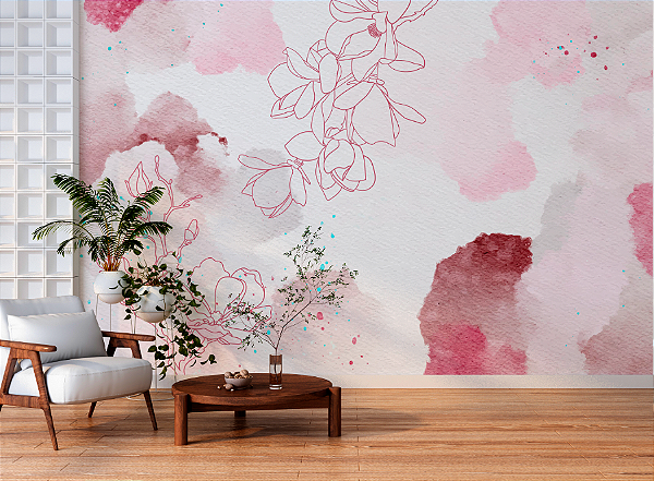Papel de Parede Painel Fotográfico Folhas em Aquarela Rosas