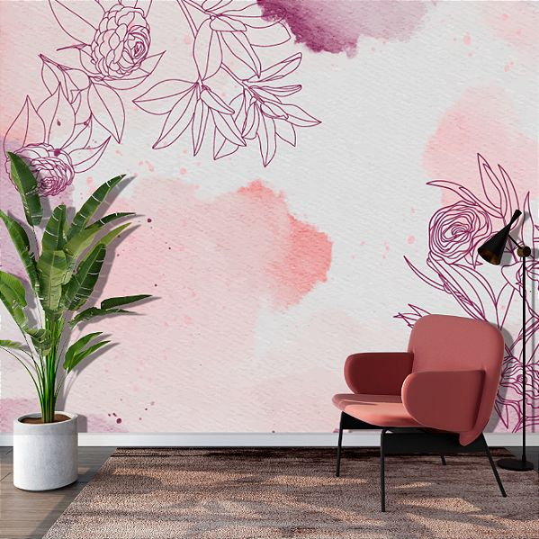 Papel de Parede Painel Fotográfico Folhas em Aquarela Rosa Violeta