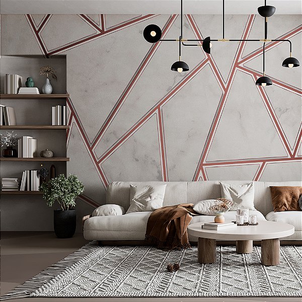 Papel de Parede Linhas em Formas rose gold marmorizado