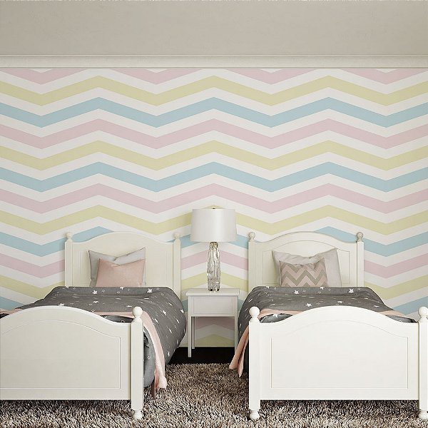Papel de Parede Chevron Azul Rosa Amarelo