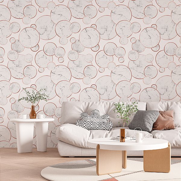 Papel de Parede Círculos em Rose Gold com detalhes marmorizados