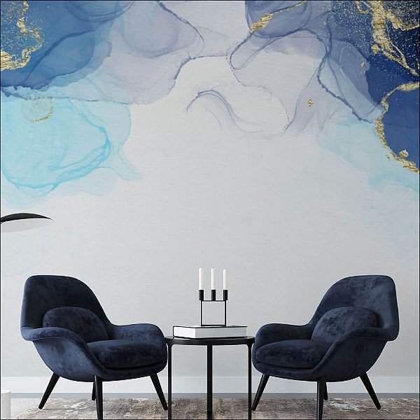 Papel de Parede Painel Fotográfico Aquarela Azul com Dourado