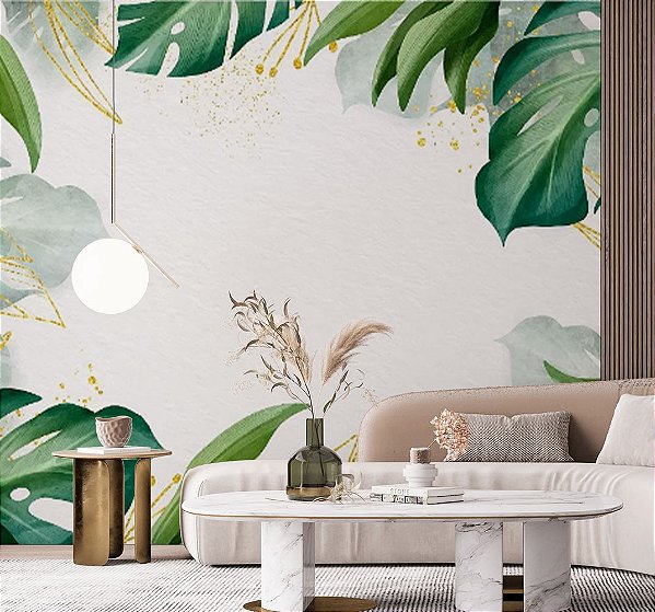 Papel de Parede Aquarela com Folhas Gigantes e Detalhes Dourados
