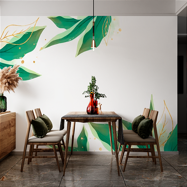 Papel de Parede Painel Fotográfico Aquarela Floral com Dourado