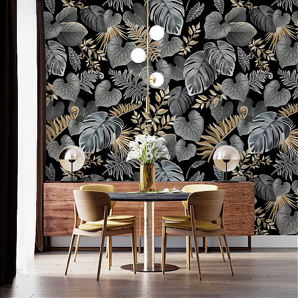 Papel de Parede Floral de folhas brancas com detalhes em dourado