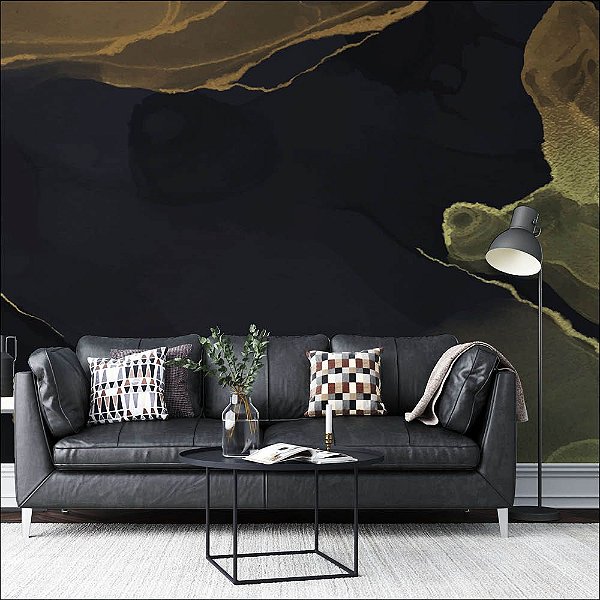 Papel de Parede Mármore preto com detalhes em Dourado
