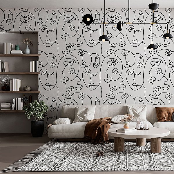 Papel de Parede Rostos Abstratos Desenhados em Linhas