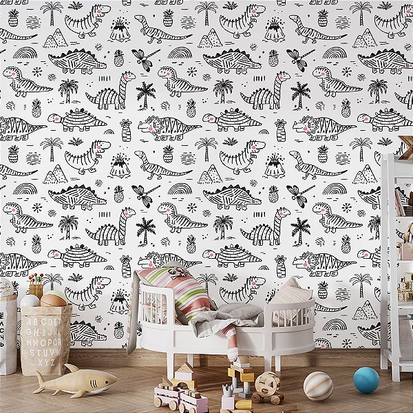 Papel de Parede Dinossauros Preto e Branco
