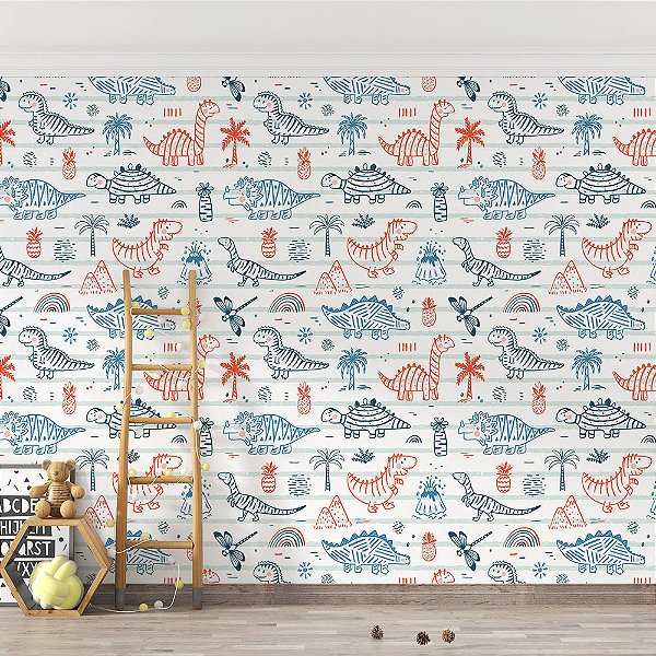 Papel de Parede Dinossauros Laranjas e Azuis