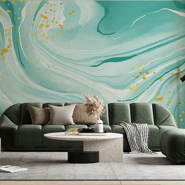 Papel de Parede Mármore Liquido Verde com detalhes em dourado