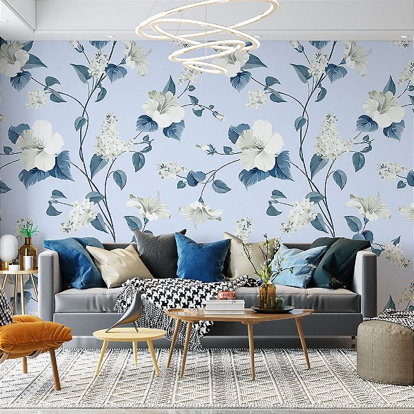 Papel de Parede Flores Brancas fundo Azul