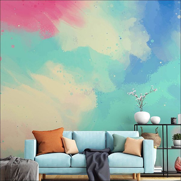 Papel de Parede Aquarela Marcas Rosa azul branco
