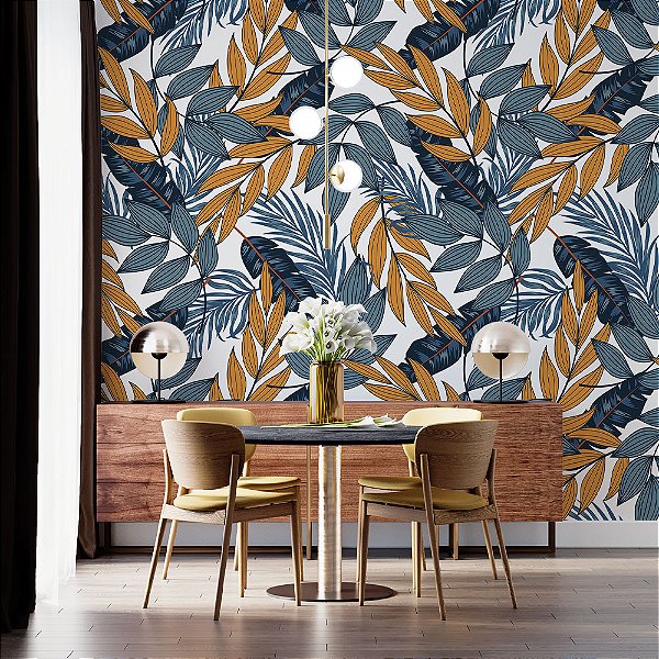 Papel de Parede Folhas Azuis e Laranjas