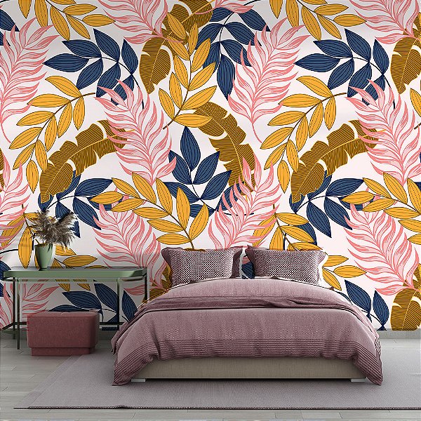 Papel de Parede Folhas Azuis e Rosas