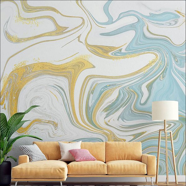 Papel de Parede Mármore Liquido tons de azul e amarelo
