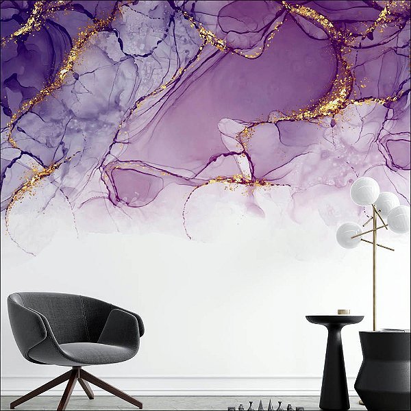 Papel de Parede Aquarela roxo com detalhes em dourado