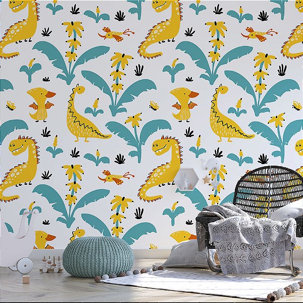 Papel de Parede Dinossauros e Flores