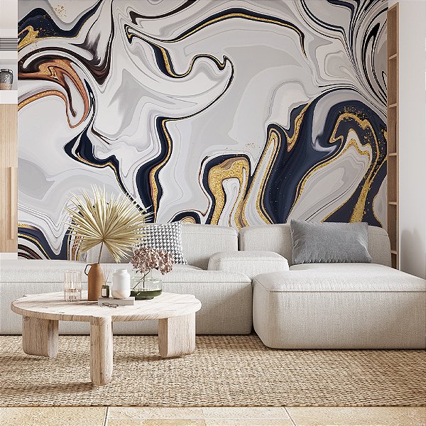 Papel de Parede Mármore Liquido Preto e Branco com Dourado