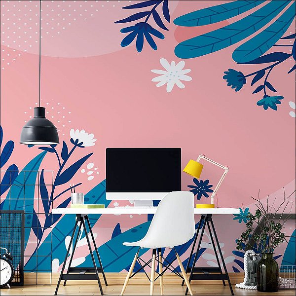 Papel de Parede Floral com Fundo Rosa