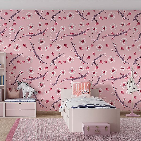 Papel de Parede Flores e Ramos de Cerejeira Rosa
